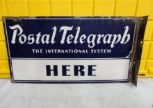 Postal Telegraph Here Porcelain Flange Sign 30” W