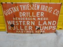 Gustav Thieszen Irrig. Co. Henderson NE Western Land Roller Pumps Hastings NE Porcelain Sign 28” W