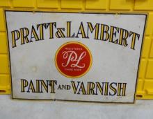 Pratt & Lambert Paint and Varnish 2 Sided Porcelain Sign Repaired 28” W