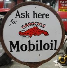 Mobiloil Gargoyle Porcelain Sign 12” Rd. on Cast Stand