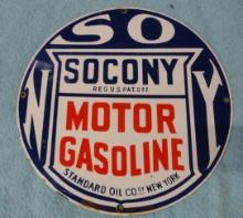 Socony Motor Gasoline Porcelain Sign 11” Rd.