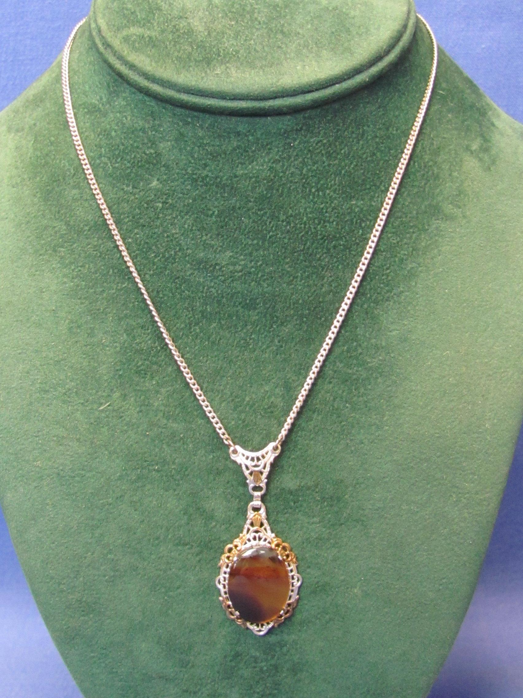 Vintage Sterling Silver Necklace w Brown Glass? Stone – 15” long w 1 3/4” drop – 6.0 grams