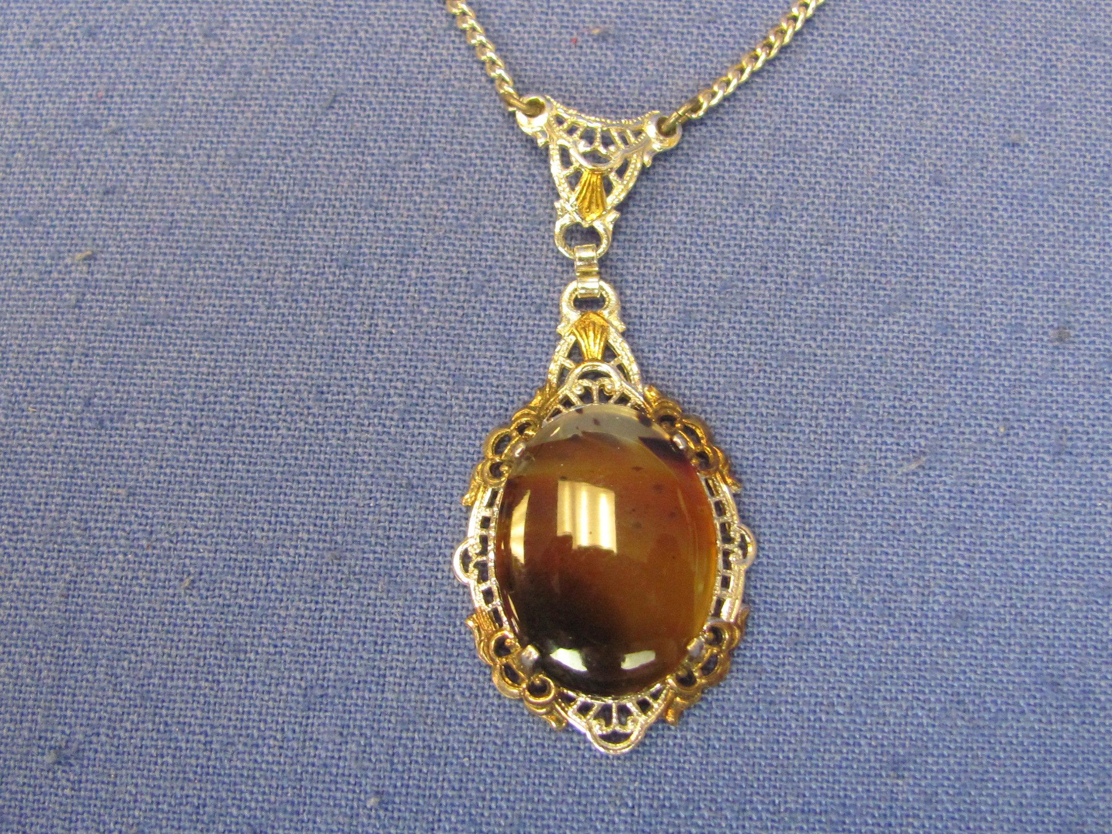 Vintage Sterling Silver Necklace w Brown Glass? Stone – 15” long w 1 3/4” drop – 6.0 grams