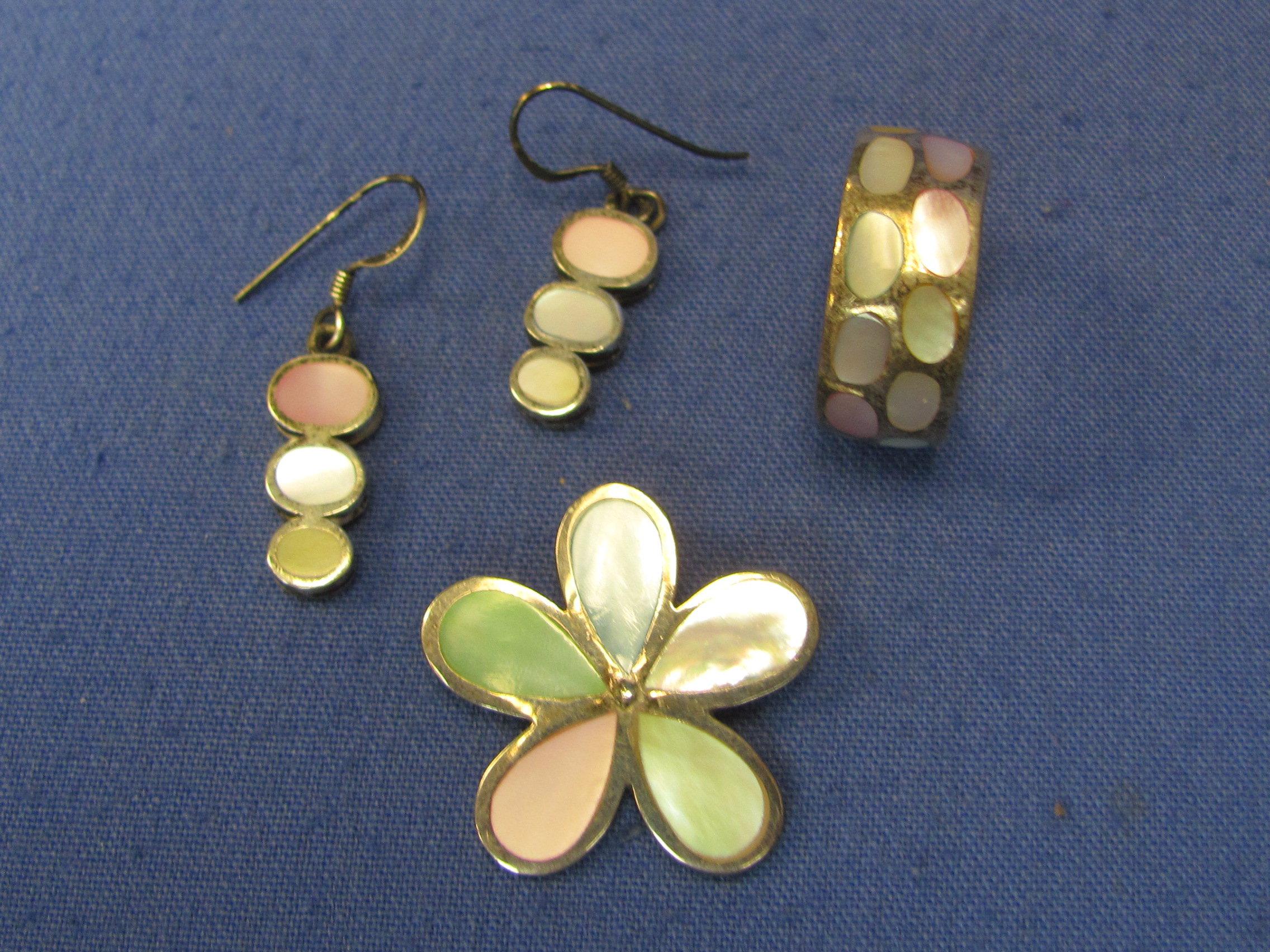 Sterling Silver w Pastel Inlays – Ring size 7.75 – Pin & Earrings – Total weight is 19.5 grams