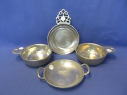 Vintage Pewter: 4 Pieces: Marked: 5 1/2” Plate (B), 2 Ramekins 14 oz. & Openwork Handle Bowl RWP Wil