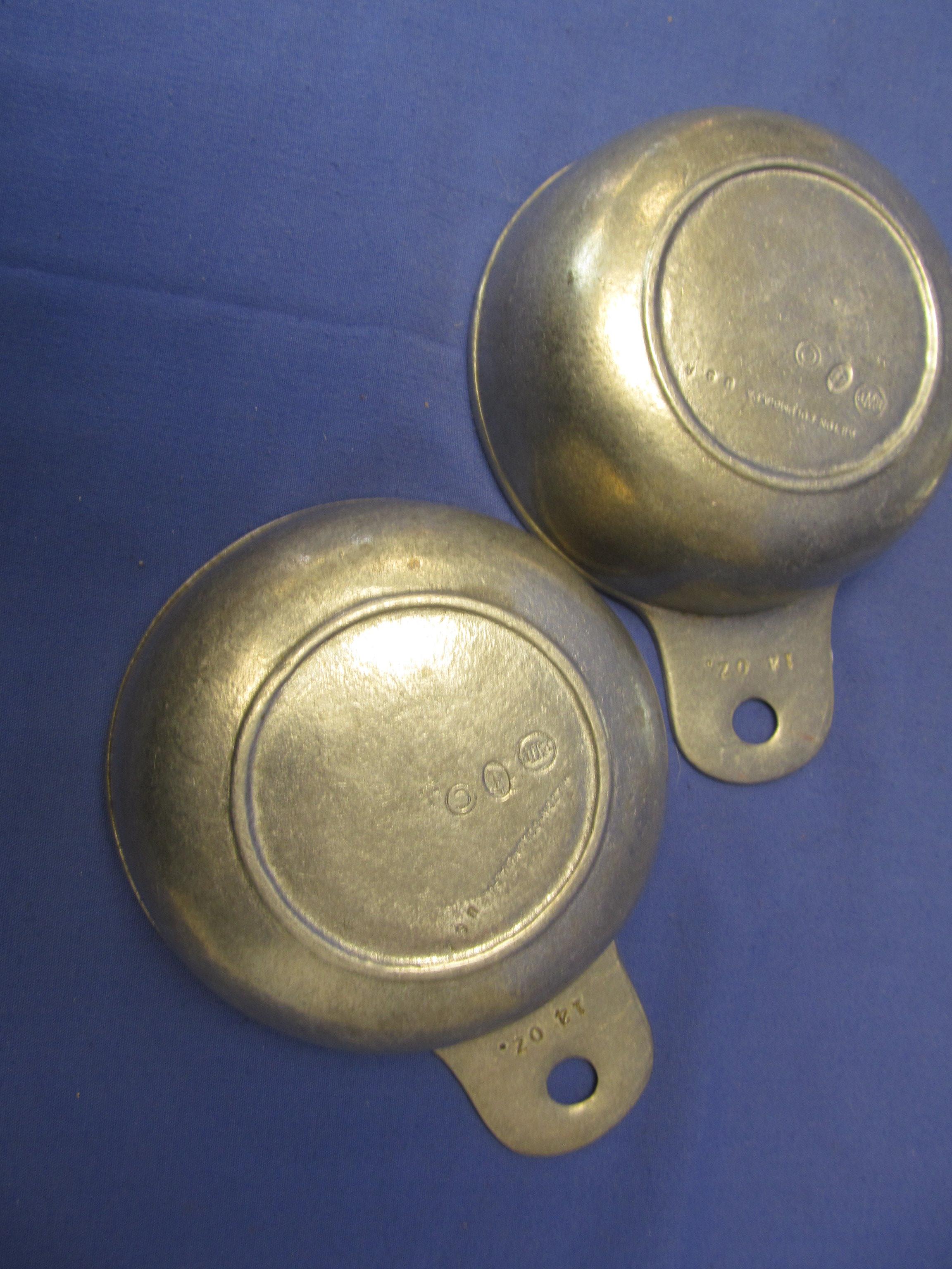 Vintage Pewter: 4 Pieces: Marked: 5 1/2” Plate (B), 2 Ramekins 14 oz. & Openwork Handle Bowl RWP Wil