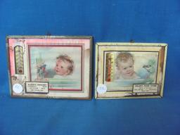 2 Vintage Advertising Pictures w/ Thermometers – Baby  & Bird  4x5 appx – Chilan's Food Store, Blong