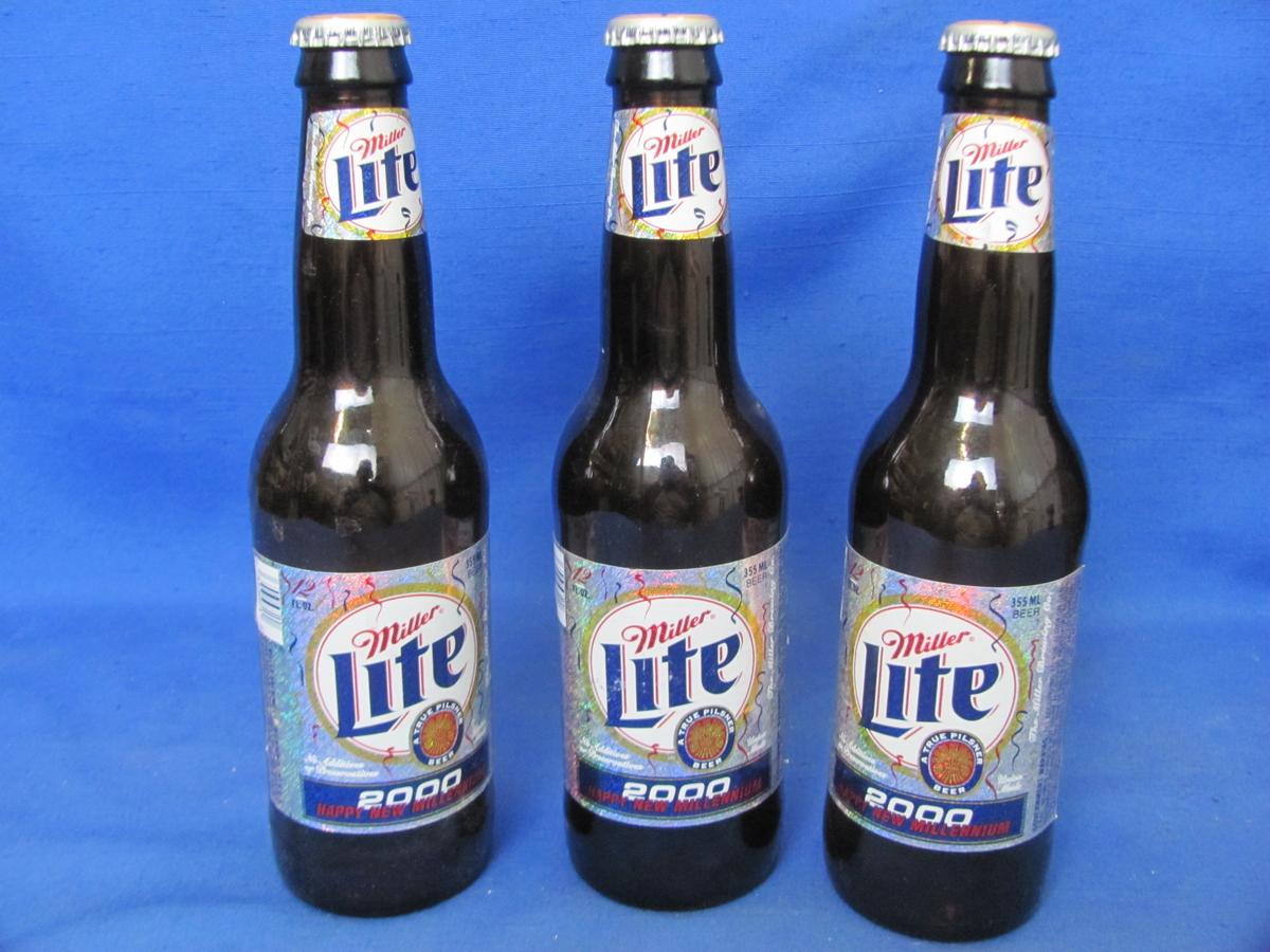 Lot of 3 12oz Miller Lite Bottles 2000 Happy New Year Millennium