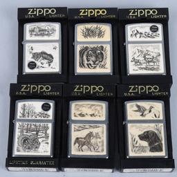 6- ZIPPO SCRIMSHAW LIGHTERS