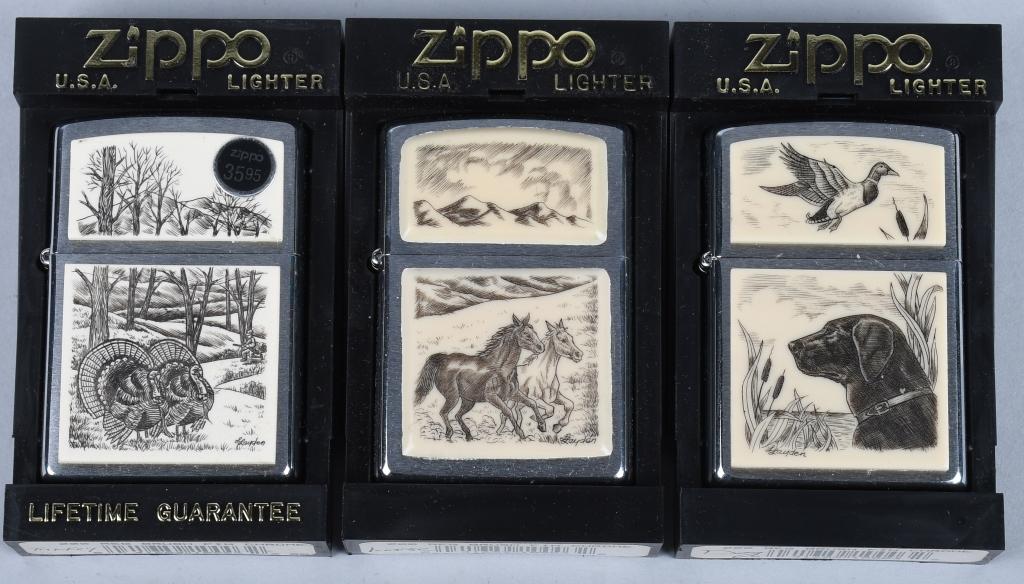 6- ZIPPO SCRIMSHAW LIGHTERS