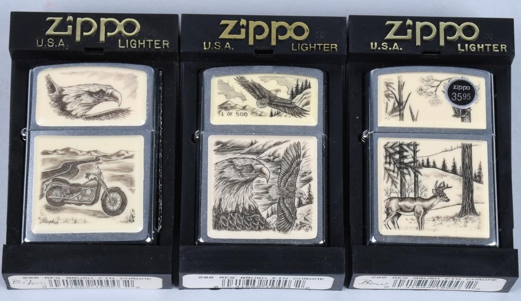 6- ZIPPO SCRIMSHAW LIGHTERS