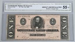 CONFEDERATE $1.00 BANK NOTE, CGA, AU55
