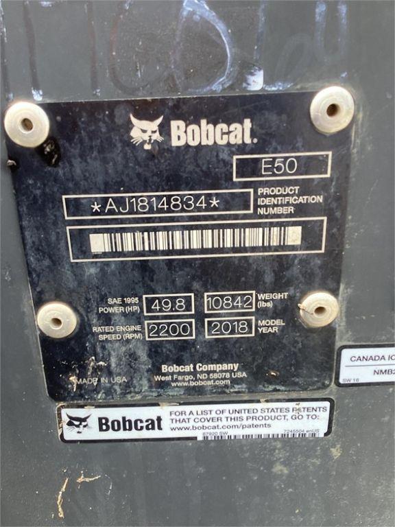 2018 BOBCAT E50 MINI EXCAVATOR