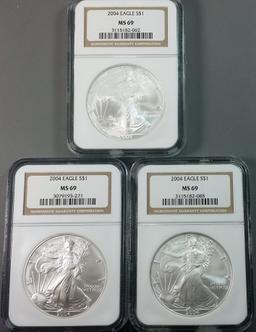 3x 2004 Silver Eagle's MS69 NGC