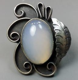 Old Sterling Silver Ring with Massive Opal Cabochon Center Stone
