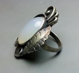Old Sterling Silver Ring with Massive Opal Cabochon Center Stone