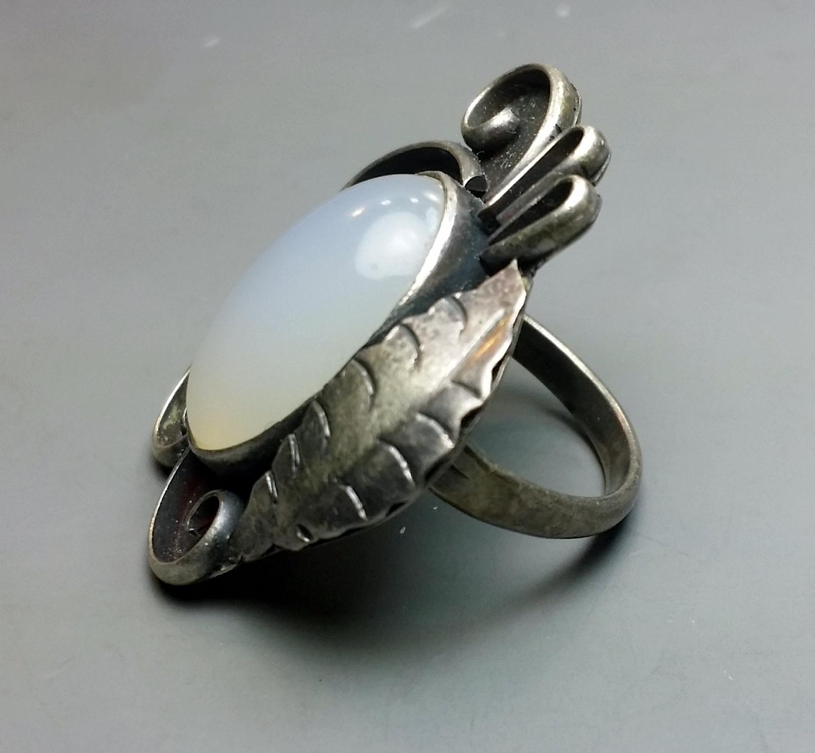 Old Sterling Silver Ring with Massive Opal Cabochon Center Stone