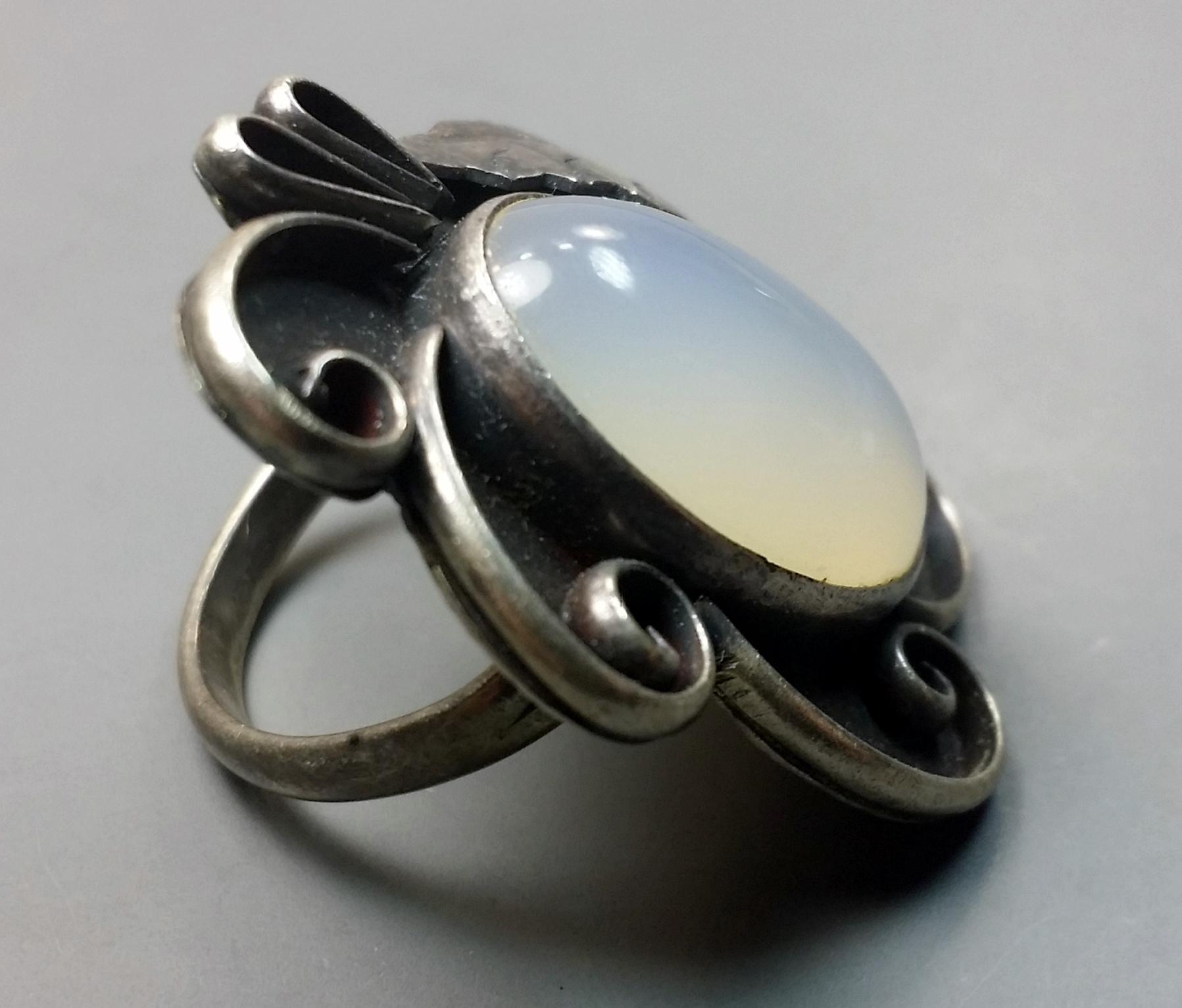 Old Sterling Silver Ring with Massive Opal Cabochon Center Stone