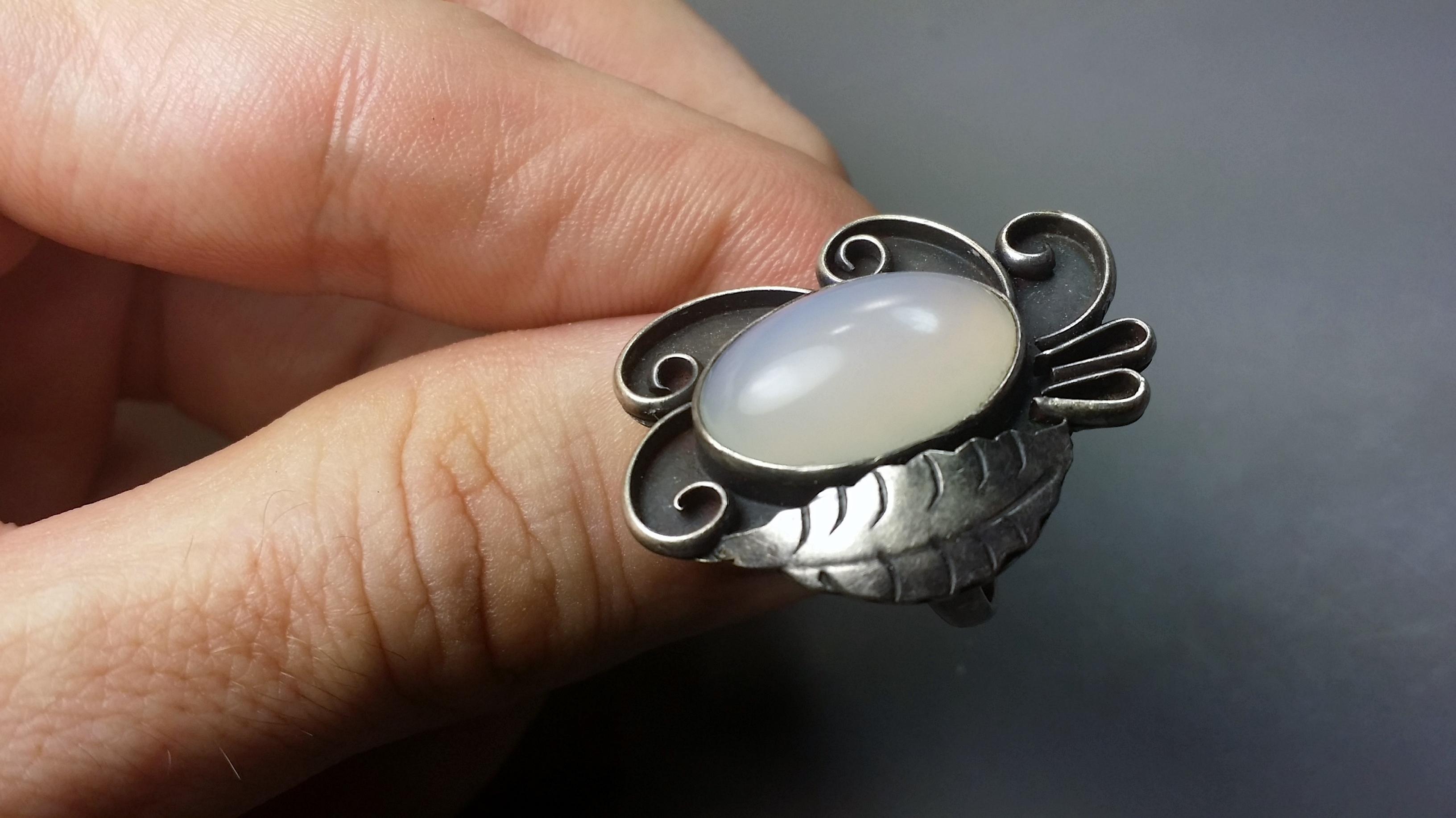 Old Sterling Silver Ring with Massive Opal Cabochon Center Stone