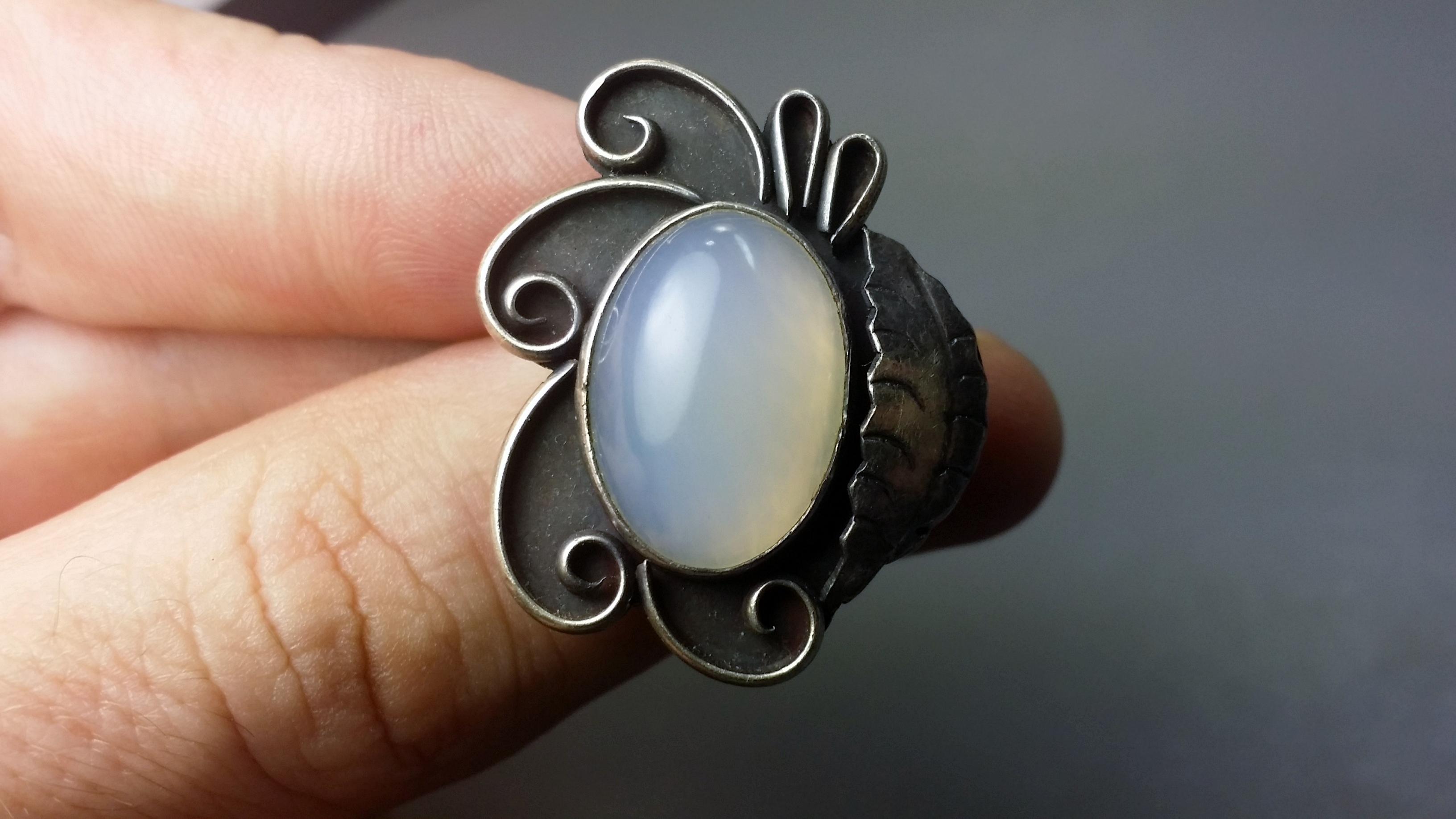 Old Sterling Silver Ring with Massive Opal Cabochon Center Stone