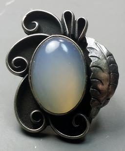 Old Sterling Silver Ring with Massive Opal Cabochon Center Stone