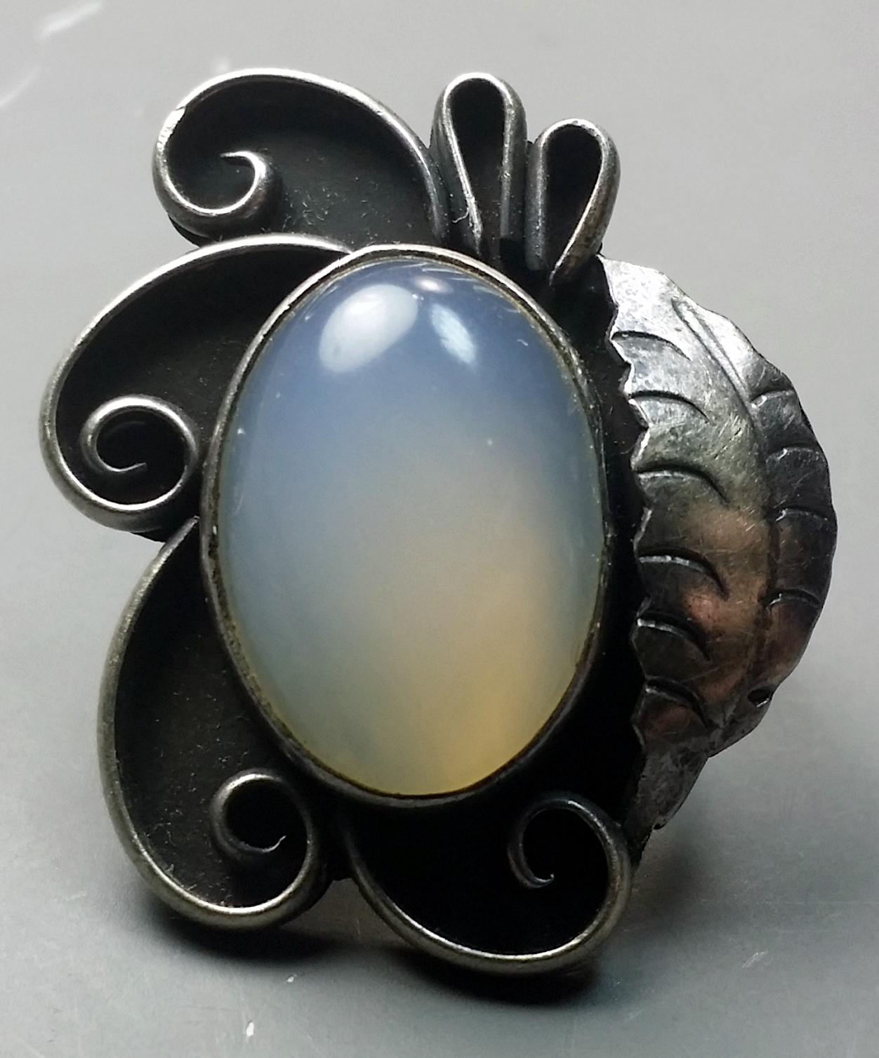 Old Sterling Silver Ring with Massive Opal Cabochon Center Stone
