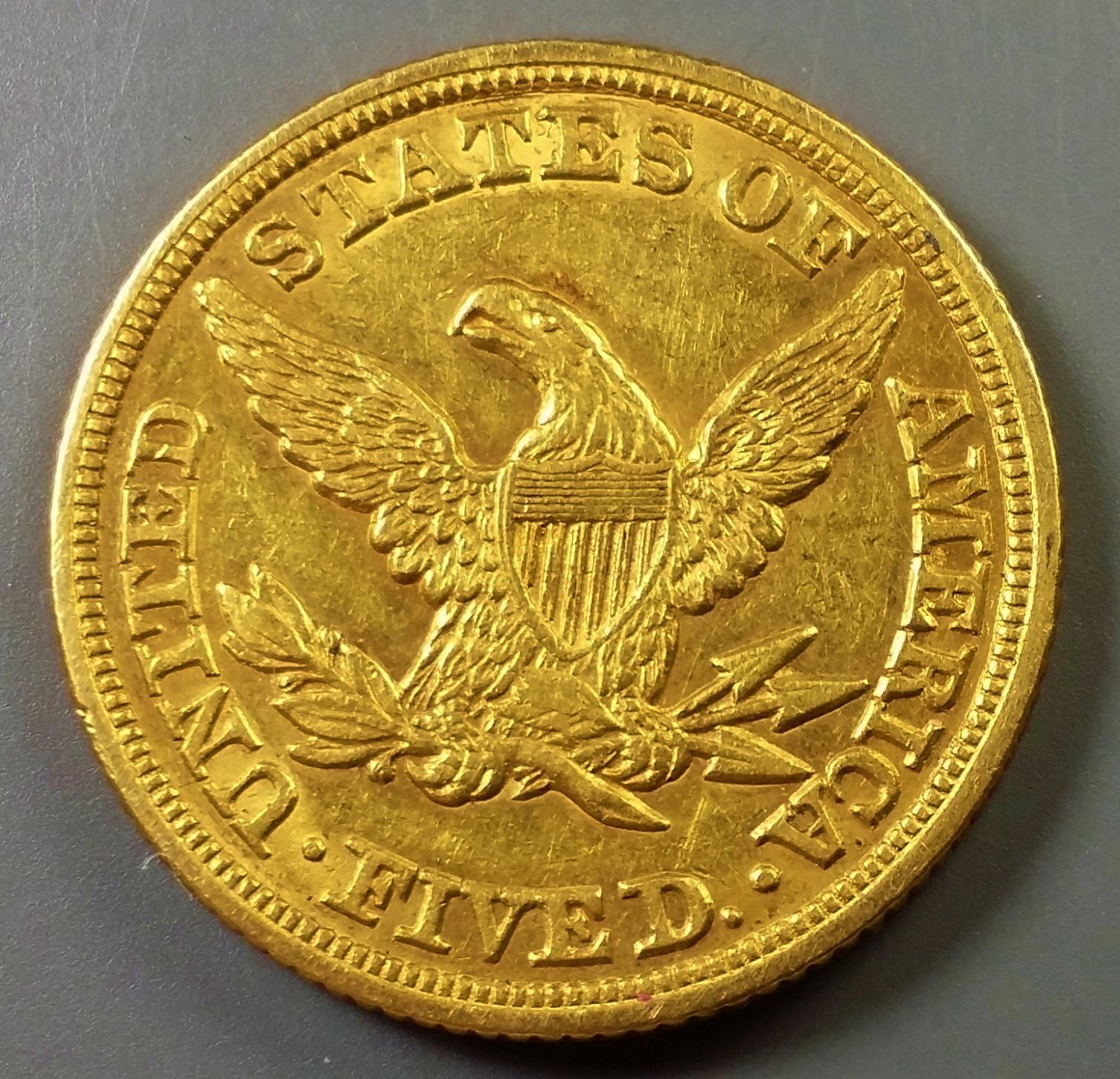 1847/47 "RPD" $5 GOLD Lib