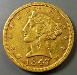 1847/47 "RPD" $5 GOLD Lib
