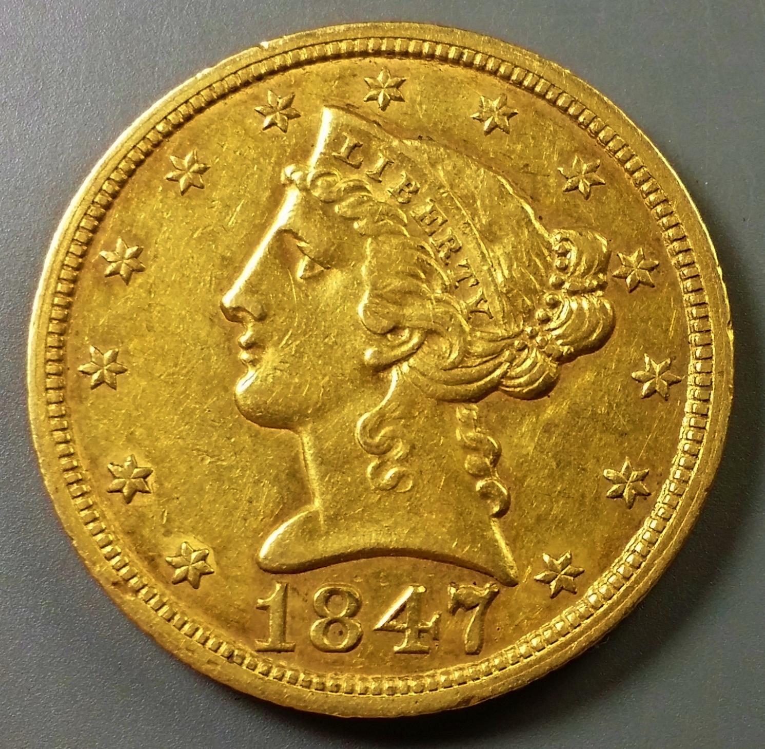 1847/47 "RPD" $5 GOLD Lib