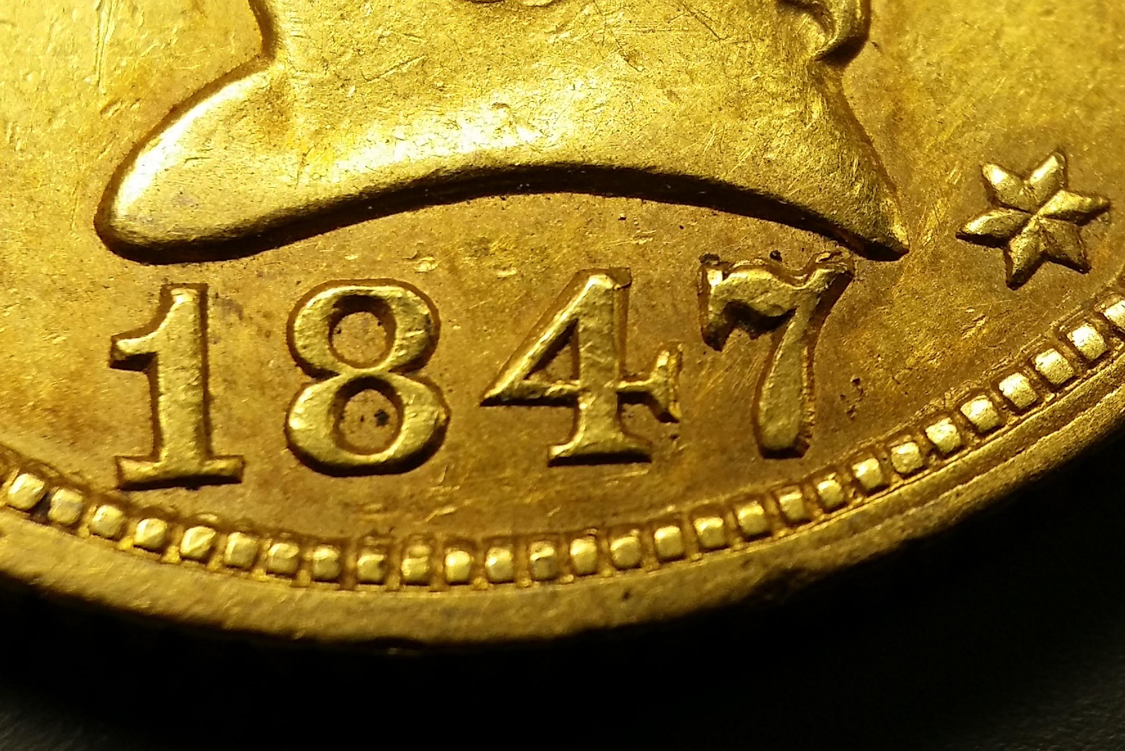 1847/47 "RPD" $5 GOLD Lib