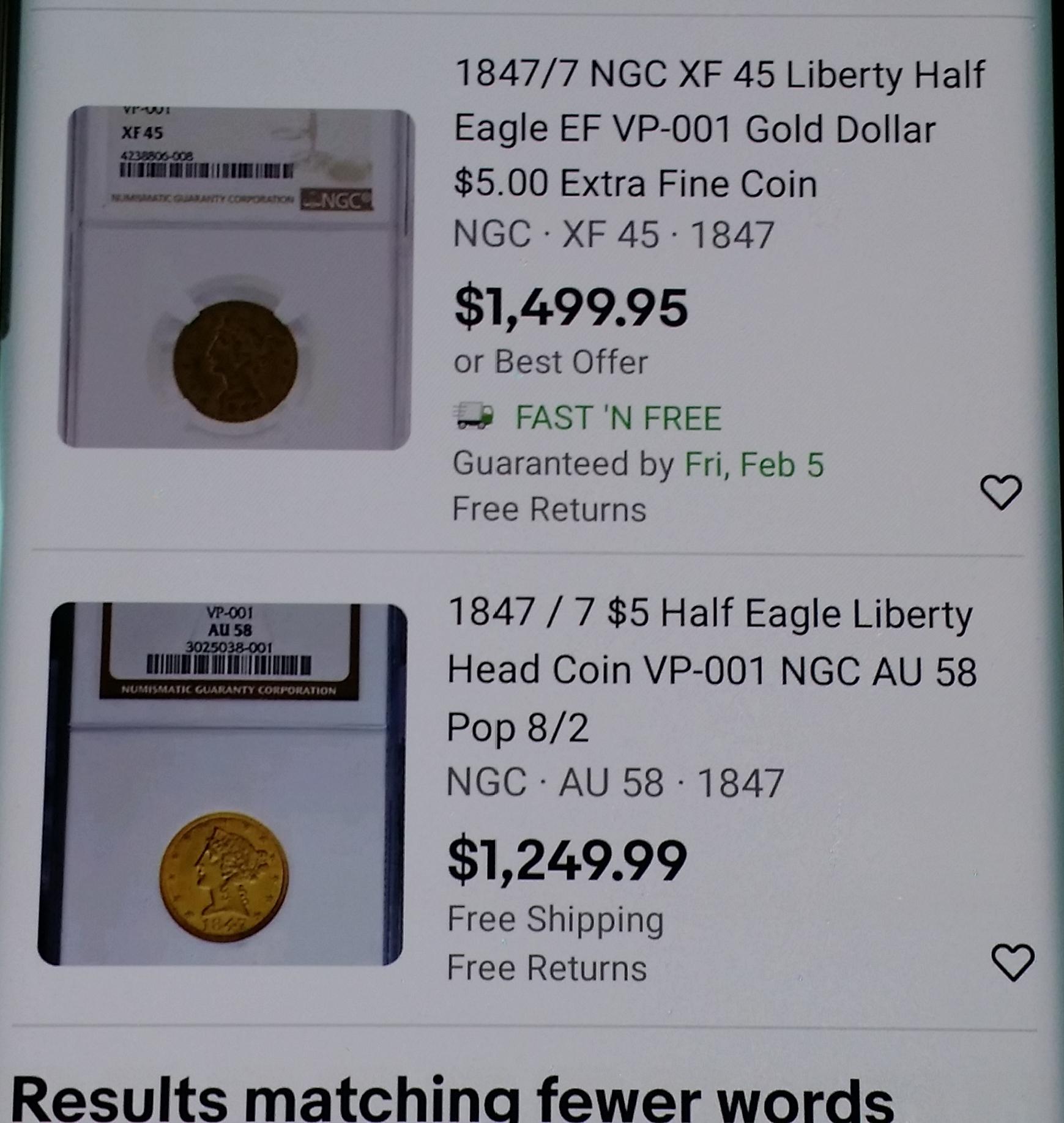 1847/47 "RPD" $5 GOLD Lib