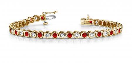 14KT YELLOW GOLD 4 CTW G-H VS2/SI1 CLASSIC ROUND BEZEL SET & GARNET TENNIS BRACELET LAB-GROWN DIAMON