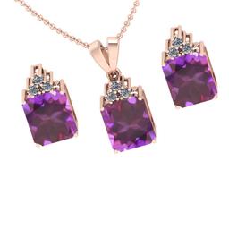 5.00 Ctw VS/SI1 Amethyst and Diamond 14K Rose Gold Pendant +Earrings Necklace Set (ALL DIAMOND ARE L