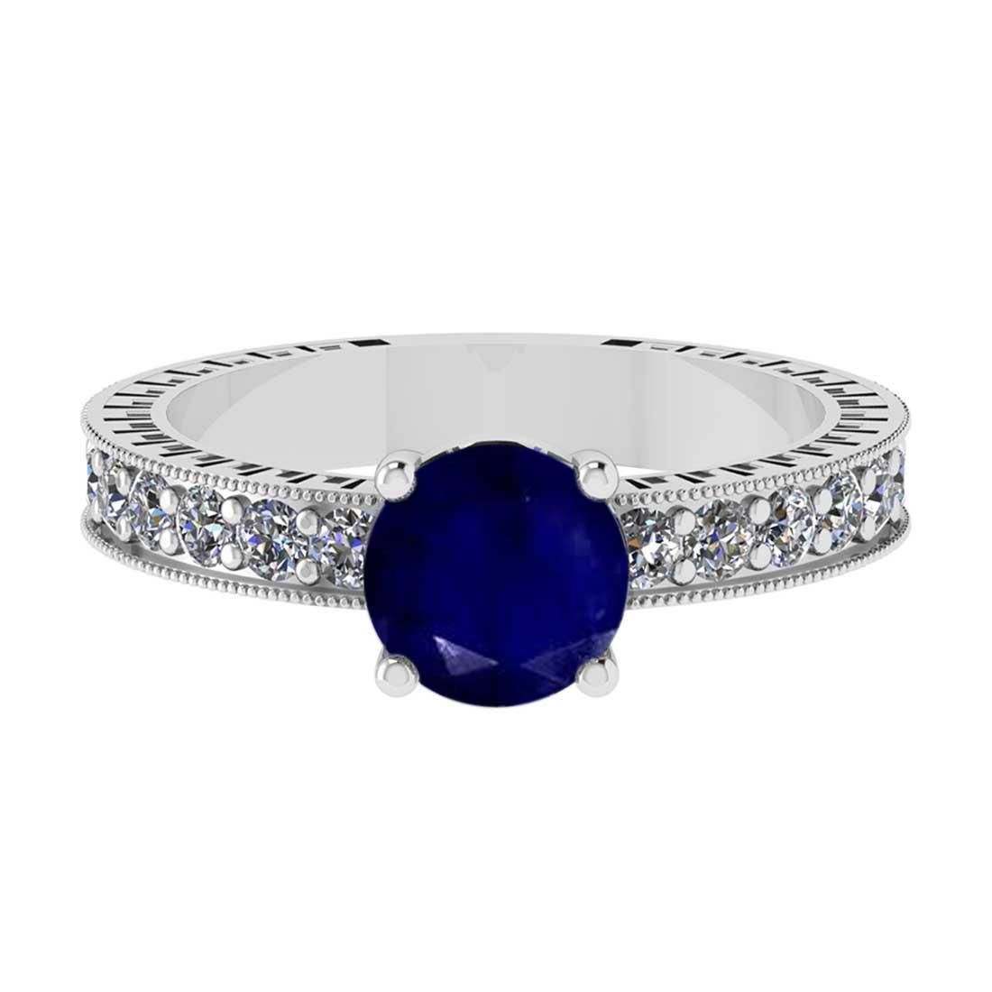 1.87 Ctw VS/SI1 Blue Sapphire and Diamond 14K White Gold Vintage Style Ring (ALL DIAMOND ARE LAB GRO