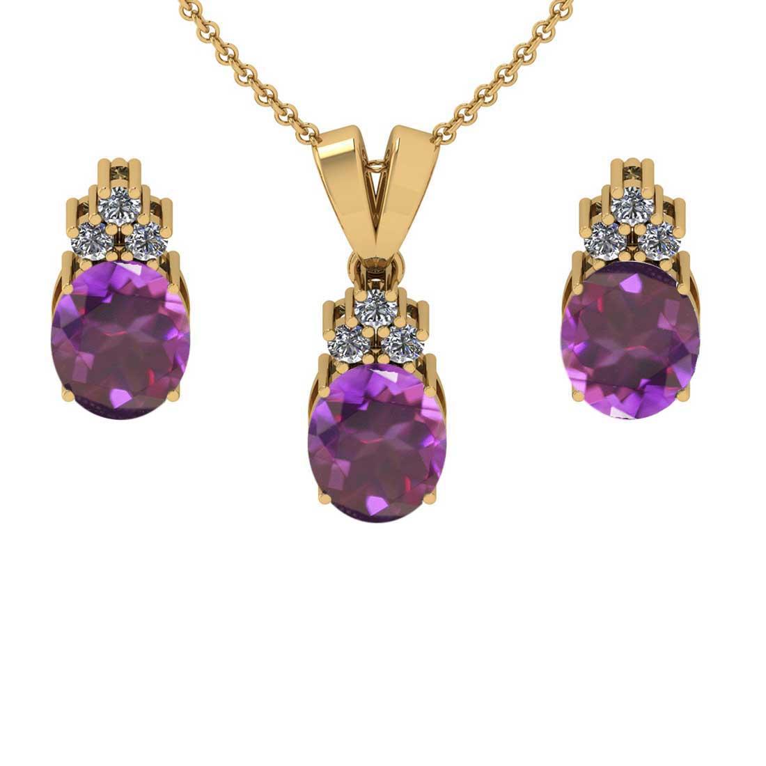 4.20 Ctw VS/SI1 Amethyst and Diamond 14K Yellow Gold Pendant +Earrings Necklace Set (ALL DIAMOND ARE