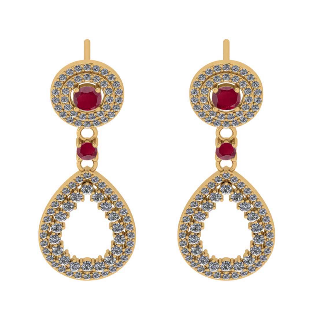 1.71 Ctw VS/SI1 Ruby and Diamond 14K Yellow Gold Dangling Earrings (ALL DIAMOND ARE LAB GROWN