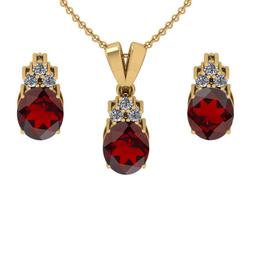 4.20 Ctw VS/SI1 Garnet and Diamond 14K Yellow Gold Pendant +Earrings Necklace Set (ALL DIAMOND ARE L