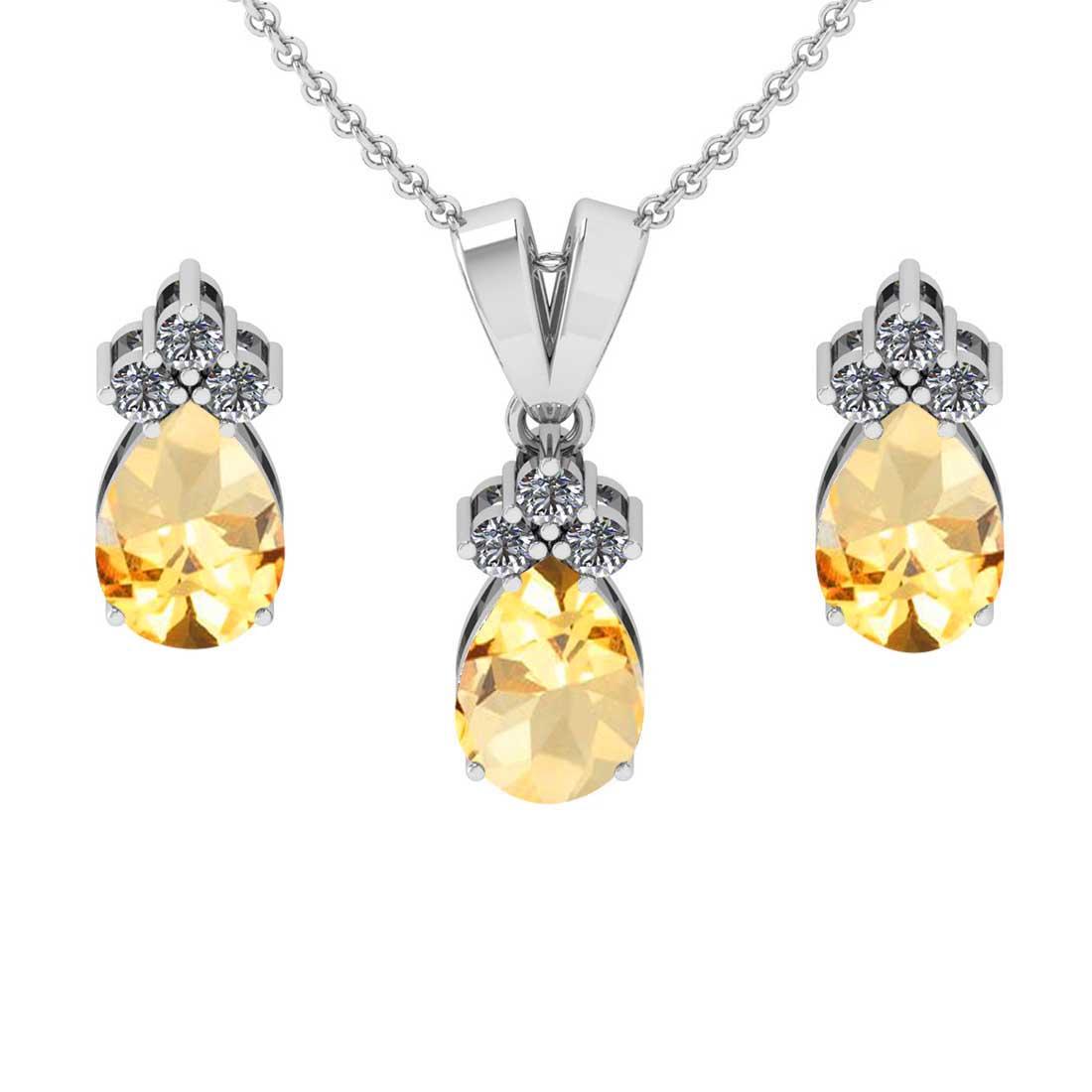 4.15 Ctw VS/SI1 Citrine and Diamond 14K White Gold Pendant +Earrings Necklace Set (ALL DIAMOND ARE L