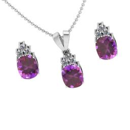 7.95 Ctw VS/SI1 Amethyst and Diamond 14K White Gold Pendant +Earrings Necklace Set (ALL DIAMOND ARE