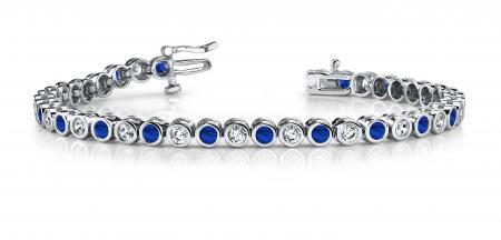 14KT WHITE GOLD 5 CTW G-H VS2/SI1 CLASSIC ROUND BEZEL SET & TANZANITE TENNIS BRACELET LAB-GROWN DIAM