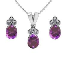 4.15 Ctw VS/SI1 Amethyst and Diamond 14K White Gold Pendant +Earrings Necklace Set (ALL DIAMOND ARE