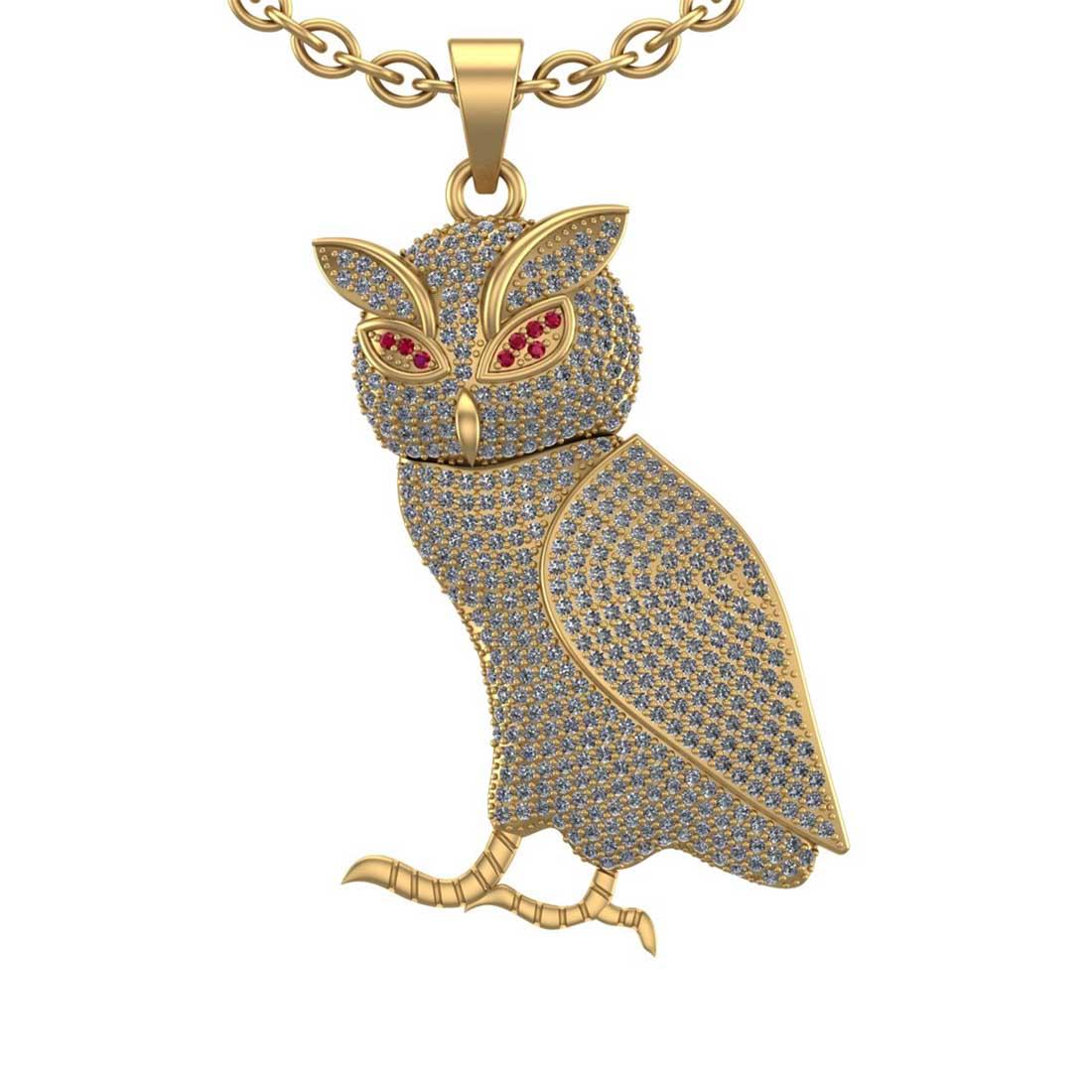 2.13 Ctw VS/SI1 Diamond 14K Yellow Gold Vintage Style Owl Necklace ALL DIAMOND ARE LAB GROWN