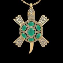 5.91 Ctw VS/SI1 Emerald And Diamond 14K Yellow Gold Tortoise Turtle Pendant Necklace (ALL DIAMOND AR