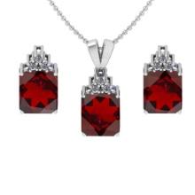 5.00 Ctw VS/SI1 Garnet and Diamond 14K White Gold Pendant +Earrings Necklace Set (ALL DIAMOND ARE LA