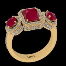 2.85 Ctw VS/SI1 Ruby and Diamond 14K Yellow Gold three stone ring (ALL DIAMOND ARE LAB GROWN )