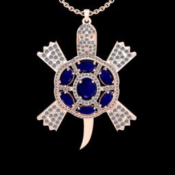 5.91 Ctw VS/SI1 Blue Sapphire And Diamond 14K Rose Gold Tortoise Turtle Pendant Necklace (ALL DIAMON