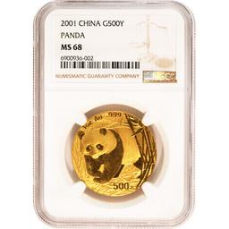 China One Ounce 500 Yuan Gold Panda 2001 MS68 NGC