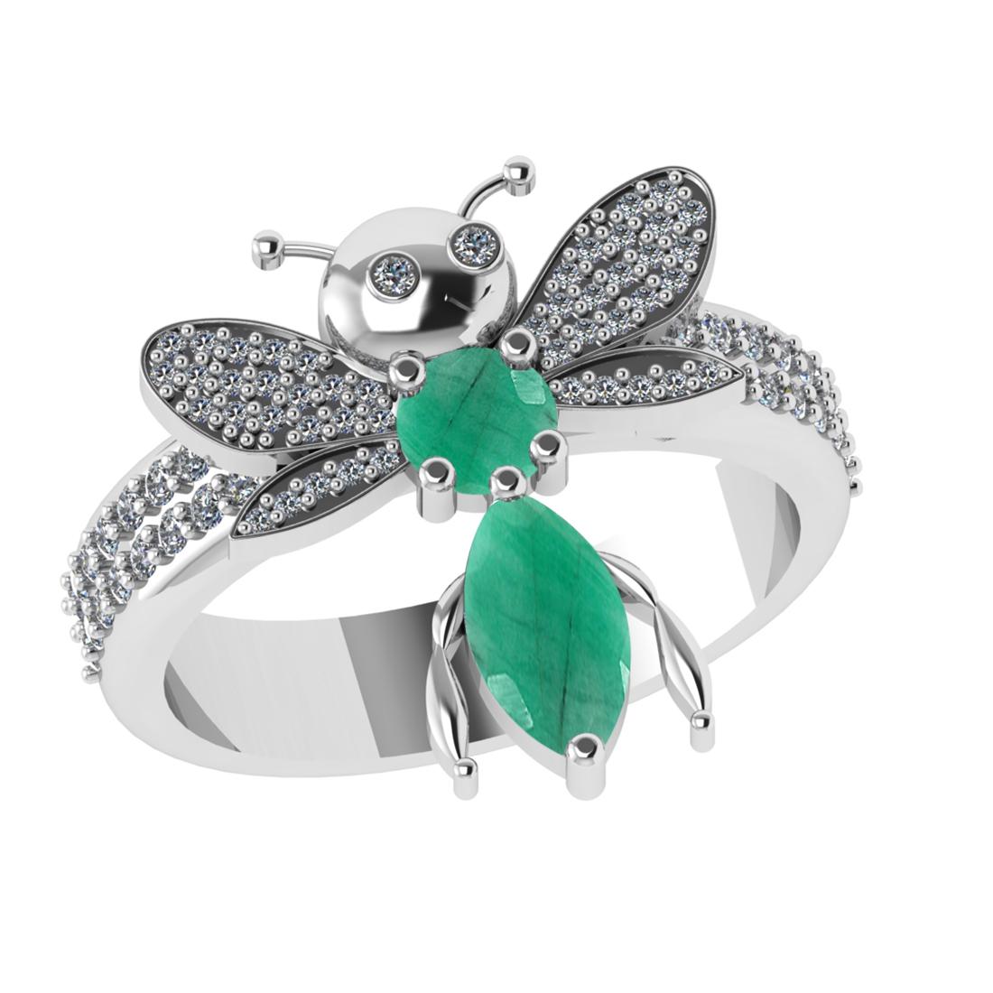 1.31 Ctw VS/SI1 Emerald and Diamond 14k white Gold Bees theme Ring (ALL DIAMOND ARE LAB GROWN) (ALL