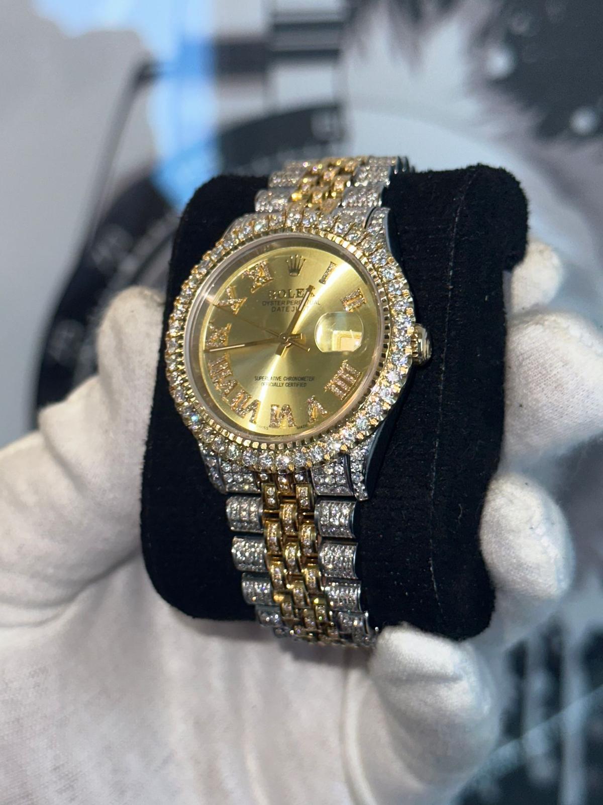 Custom 36mm Fully Diamond Rolex (12 cttw Diamond, G-H, SI1-SI2) comes with