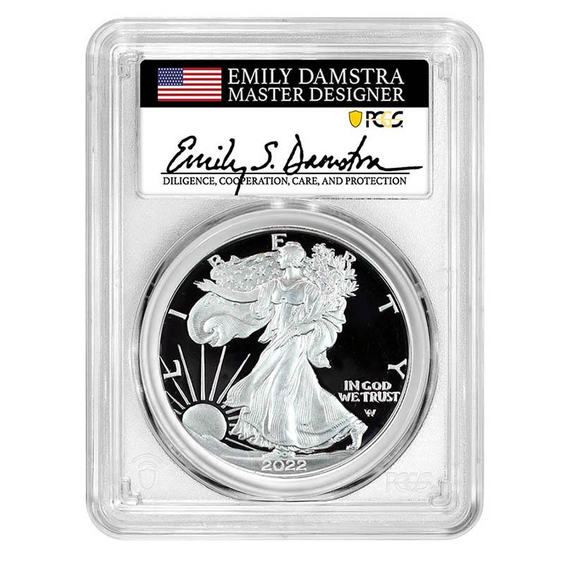 Certified Proof Silver Eagle 2022-S PR70 PCGS First Day of Issue Emily Dams